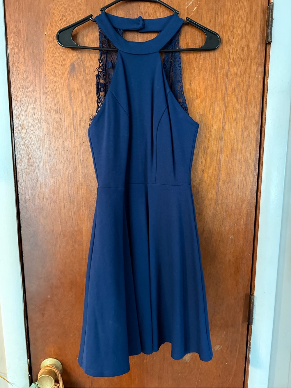 Lulu's Navy High-Neck Lace-Back Midi Dress